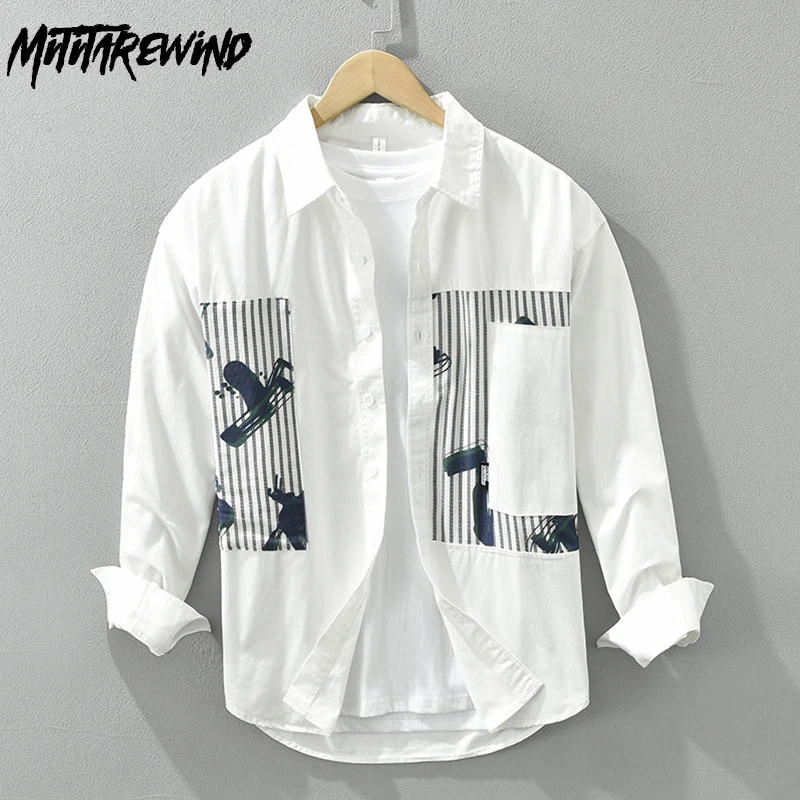 

Spring and Summer White Shirt Men Pure Cotton New in Shirts Japanese Splicing Striped Long Sleeve Shirt Fashion Loose Tops Youth