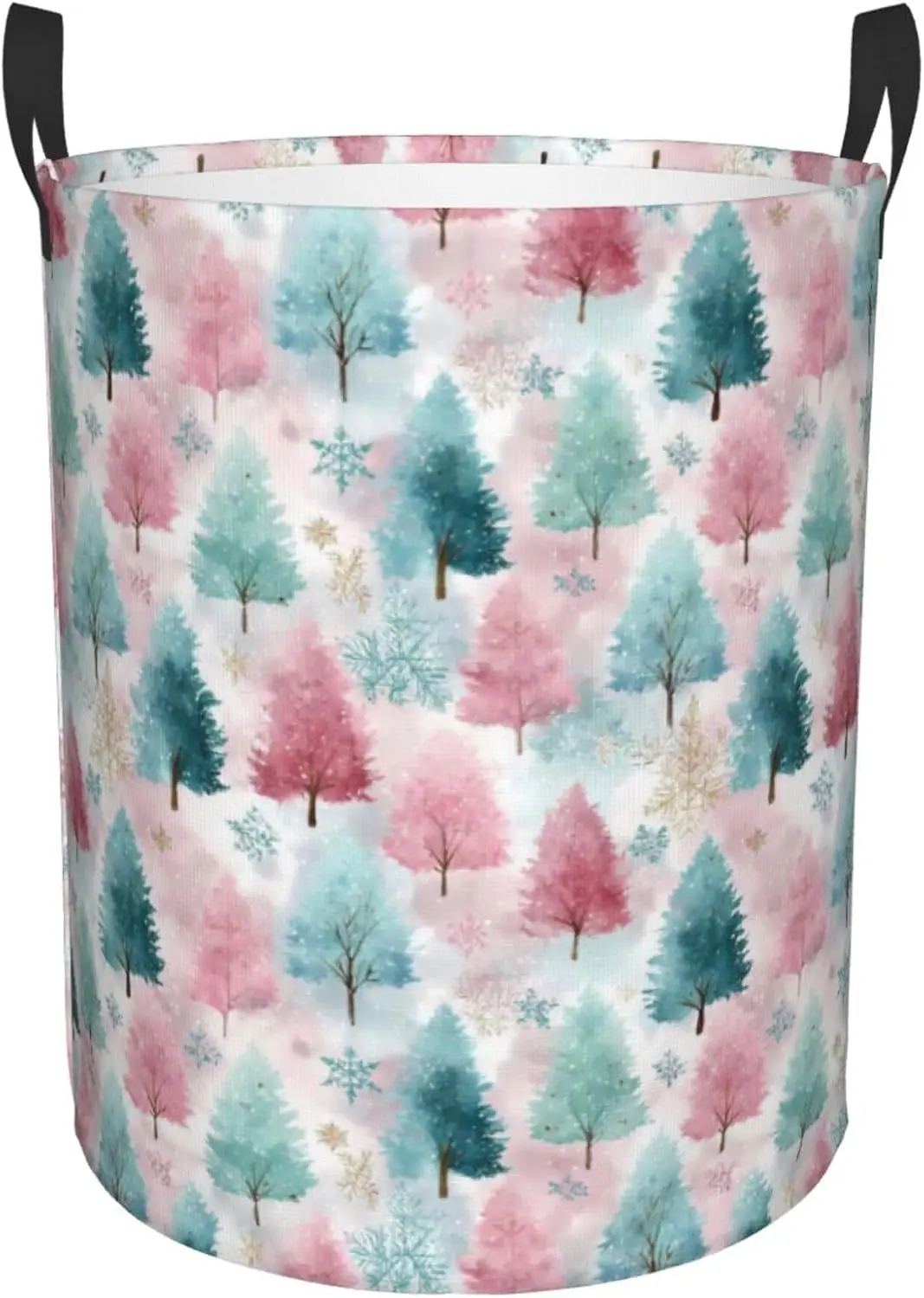 Pastel Christmas Trees On Pink 2 Print Laundry Basket 1PC Foldable Round For Dirty Clothes Toy Storage