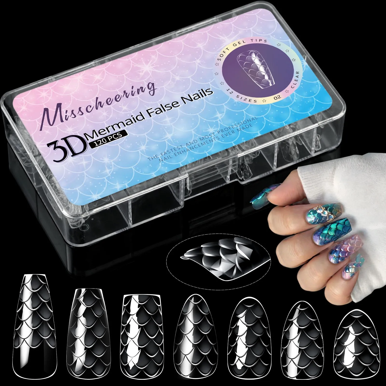 120pcs/box 3D Fish Scale Almond Ballet False Nails Acrylic Soft Full Cover Press On Nails DIY Nail Art Charm Extension Tools