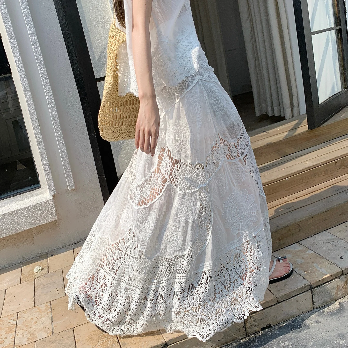 Bohemian Lace Trim Hook Flower Hollow out Half Skirt Women's Summer Fairylike Heavy Embroidery Long Skirt High Waist Cake Ski...