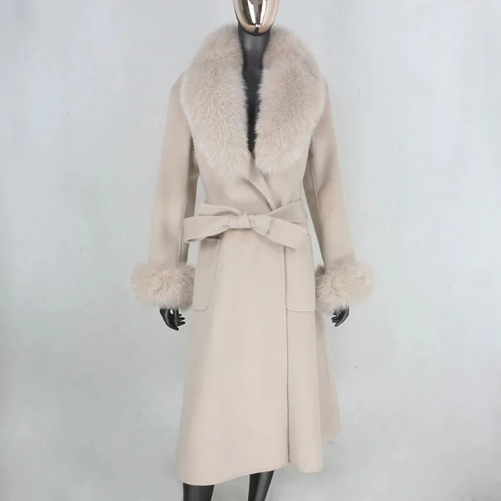 Cashmere Wool coat 2024 Autumn-Winter Women\'s Fox Fur Coat Large fur collar long skirt slim long jacket High Street