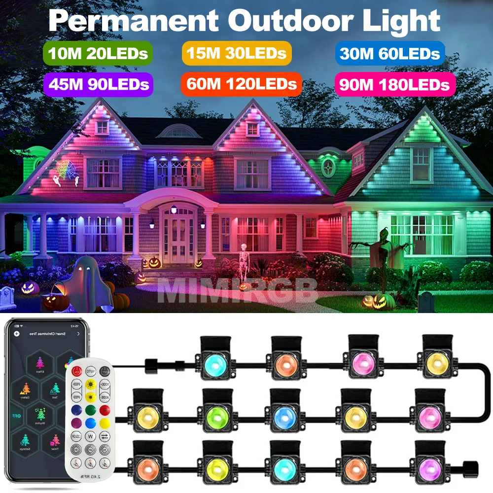 Black Permanent Outdoor Light with 180LEDs Christmas Light String APP Bluetooth Party Wedding Halloween Decor