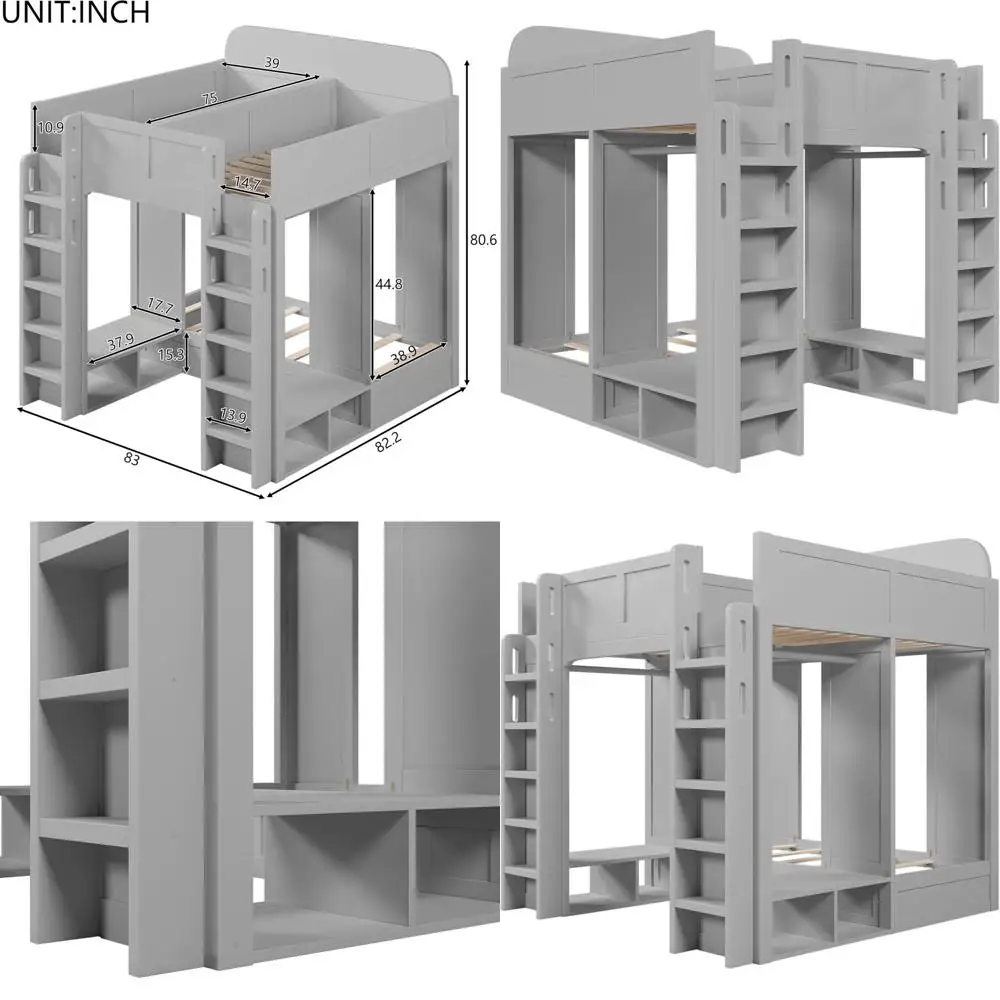 

Grey Triple Bunk Bed with 2 Ladders, Guardrails, Storage Shelves, and Wardrobe for 3 Kids - Twin & Twin XL Wood Beds