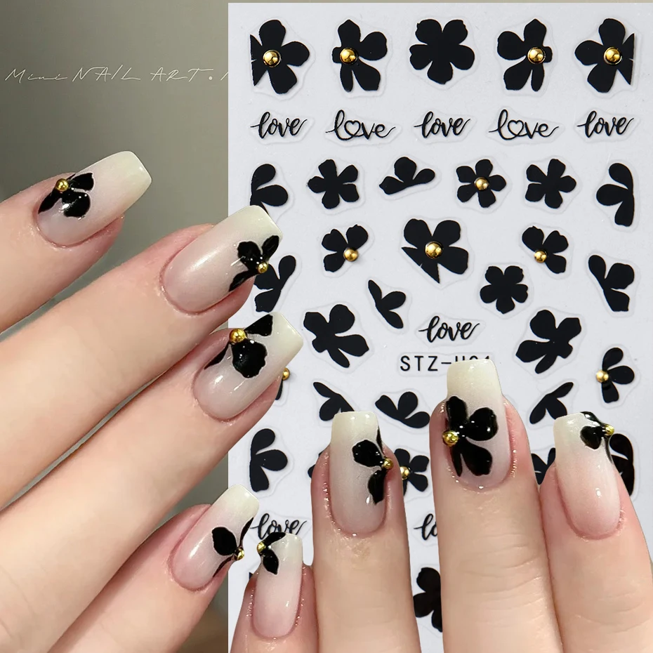 2 pezzi 3D fiore nero adesivi per unghie decalcomanie fiori semplici perline dorate nail art adesivo gel cursori lamina di tatuaggio decorazione manicure