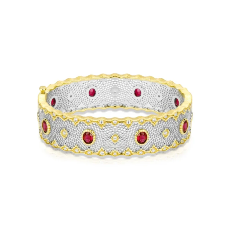 

BELLUX 925 Silver Synthetic Zircon Bracelet Red Pigeon Egg Ruby Full Diamond Hollow Lace Elegant Bangle for Women