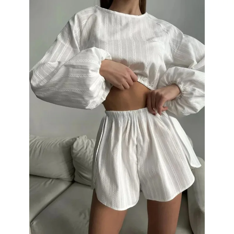 Krismile White 100% Women's Pajama Sets 2025 Lanterb Sleeve Sleepwear Tops Slit Casual Solid Color Shorts Female Pant Suit