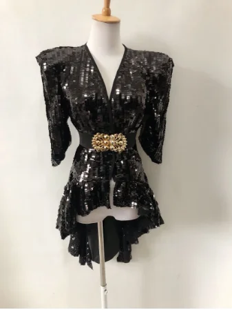 

S-XL Women Gold Sliver Sequins Jacket Overcoat Long Fashion Singer Costume Stage Dancer Performance Sexy Nightclub Dress Outfits