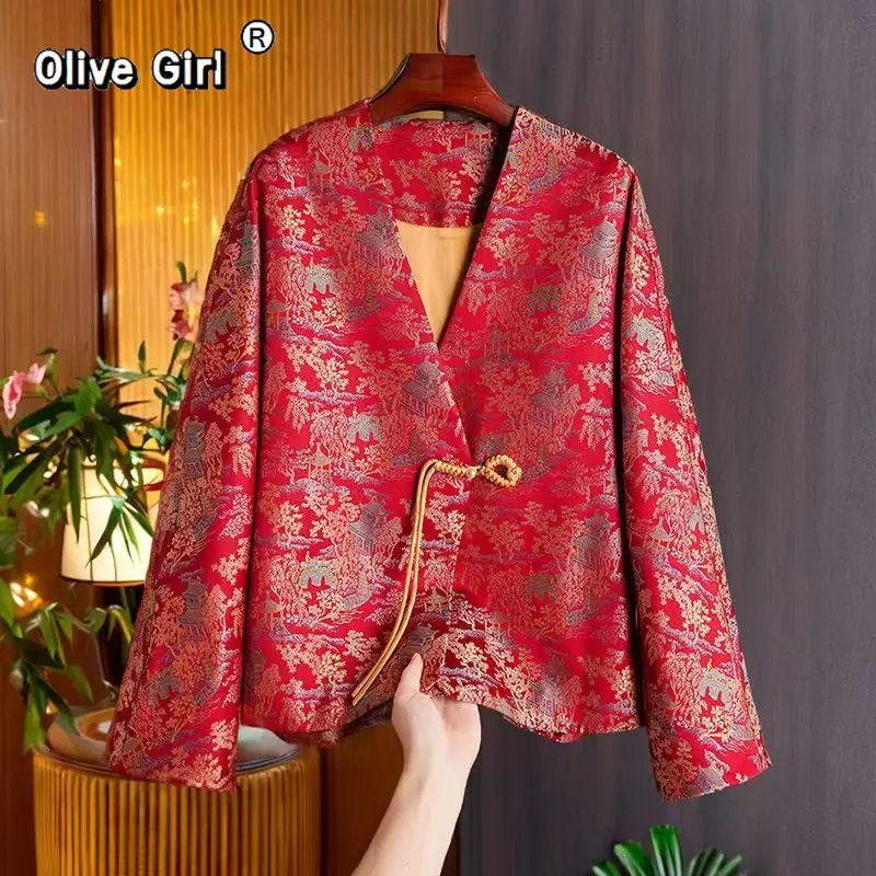 

Женская свободная куртка Olivegirl Red Hanfu, весна 2026, новогодняя вышивка, жаккардовое традиционное китайское пальто