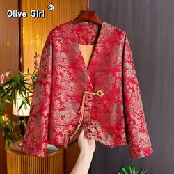 Olivegirl Red Hanfu Loose Jacket Women's Clothing 2026 Spring New Year Embroidery Jacquard Traditional Chinese Coat Jacquard