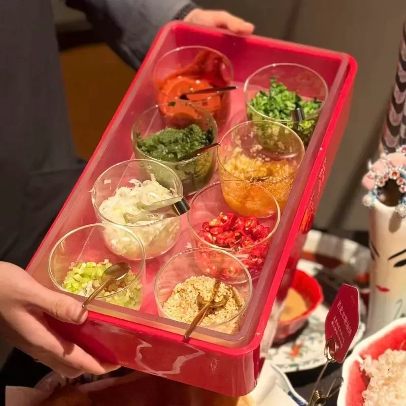 Red Acrylic Dipping Sauce Box 8 Grid Seasoning Container for Hot Pot Restaurant Tableware Set Chinese Style Condiment Holder