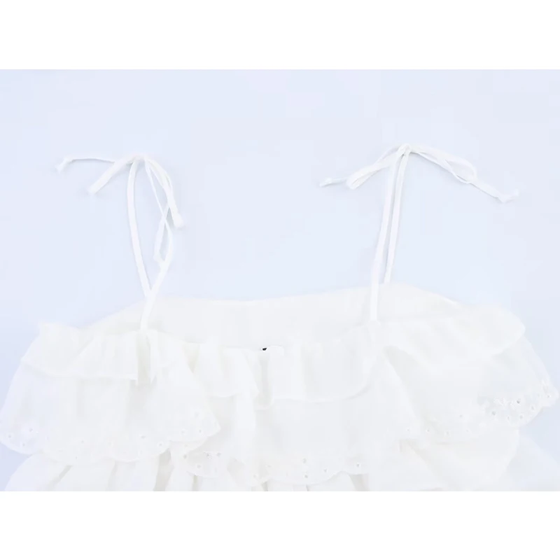 Yenkye sexy alças finas em camadas plissado branco mini vestido feminino a linha o pescoço casual verão praia vestidos curtos 2025