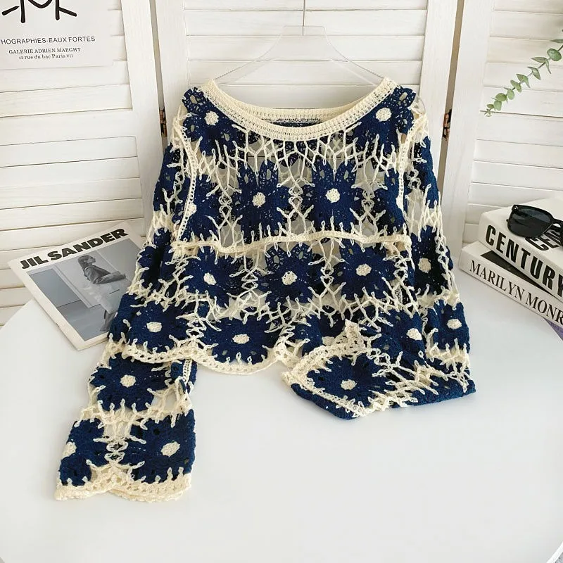 المرأة الصيف سترة طويلة الأكمام الكروشيه الجدة س الرقبة المفتوحة متماسكة المحاصيل سترة أعلى البلوز لاعبا بوهو شاطئ عطلة الزي #4