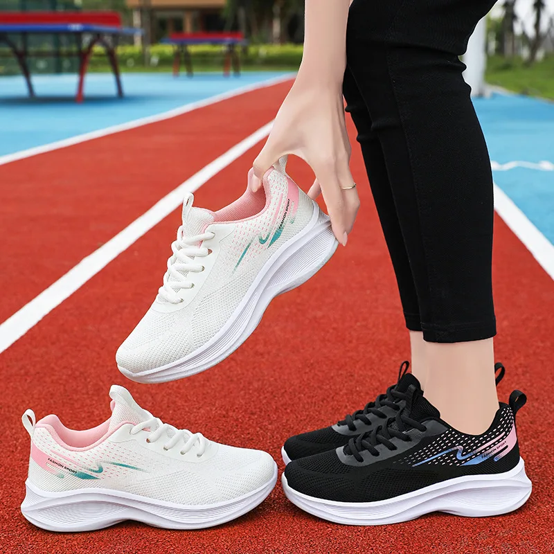 Sapatos esportivos respiráveis para mulheres, tênis casual, tênis de corrida, almofada de ar, branco, primavera, verão, 2023