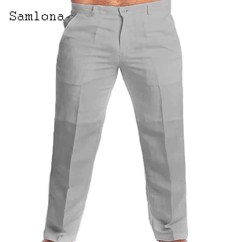 Pantalones de lino informales con bolsillo para hombre, ropa de calle elegante, color blanco y gris, talla grande 3xl, 2023