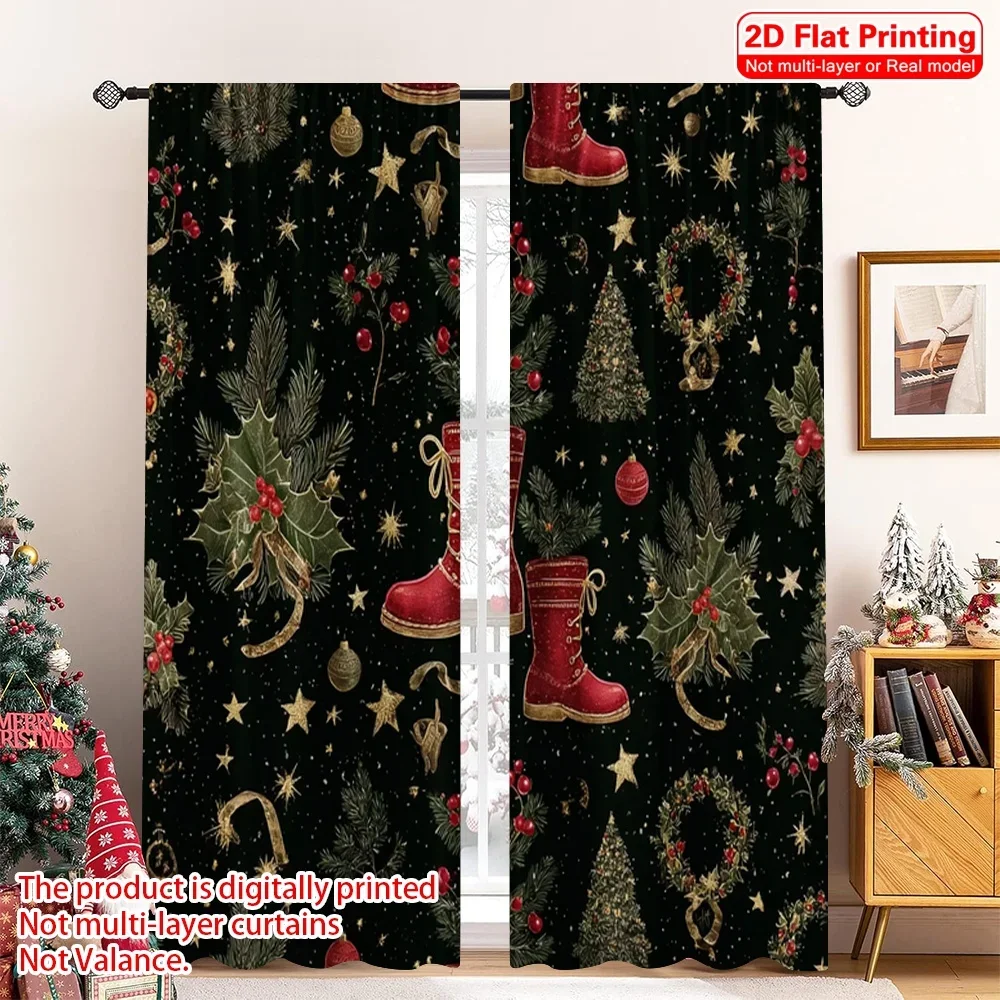 

2pcs 2D flat printing Merry Christmas Party Curtains Santa boots ball tree retro green red Digital Printed Polyester Drapes