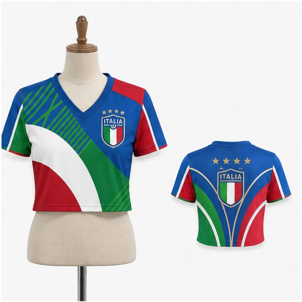 Women Italy V Neck Crop Top Tricolor Shield Star Print Short Sleeve Summer Street Travel Casual Fashion Tee Modern Outfit Trendy