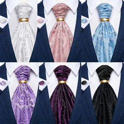 Men Luxury Pink Black Paisley Ascot Tie Set Wedding Party Cravat Green Ties Pocket Sqaure Cufflinks Solid Necktie Ring Sets Gift
