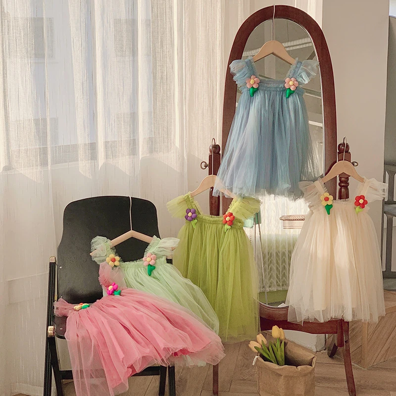 Elegant Three-Dimensional Floral Mesh Dress for Girls2026Summer style flutter sleeve baby girl princess dress