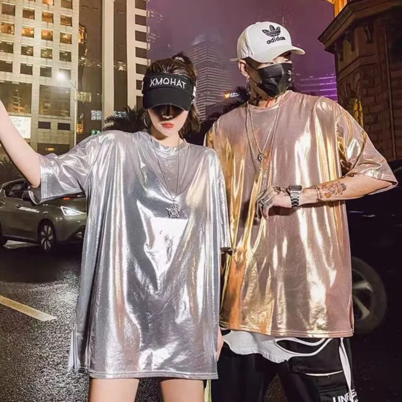 Women Men Glittering T-shirt Big Size Hip-hop Couple Reflective Summer New Shine Loose Student Short-sleeved Casual Tops Tees