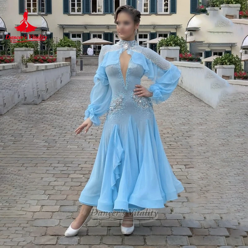 Teenagers Hight-neck Ballroom Dancing Dresses Customized Adult&Child Tango Foxtrot Perspective Deep-V Outfit Dancer's Vitality