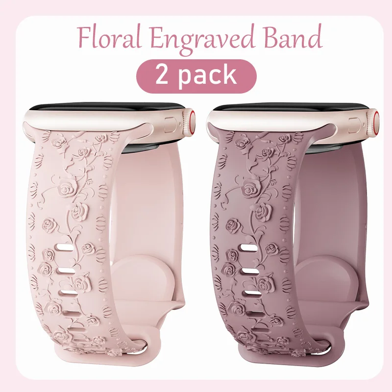 2pcs Straps for Apple watch band 42mm 44mm 40mm 46mm 45 41mm Floral Engraved bracelet correa iWatch Series 10 8 7 6 9 SE ultra 2