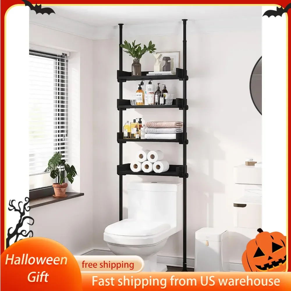 

4 Level Toilet Storage, Adjustable Wood Toilet Bathroom Organizer,Freestanding Shelf,Shower on Toilet Shelf,92 To 116 InchesHigh