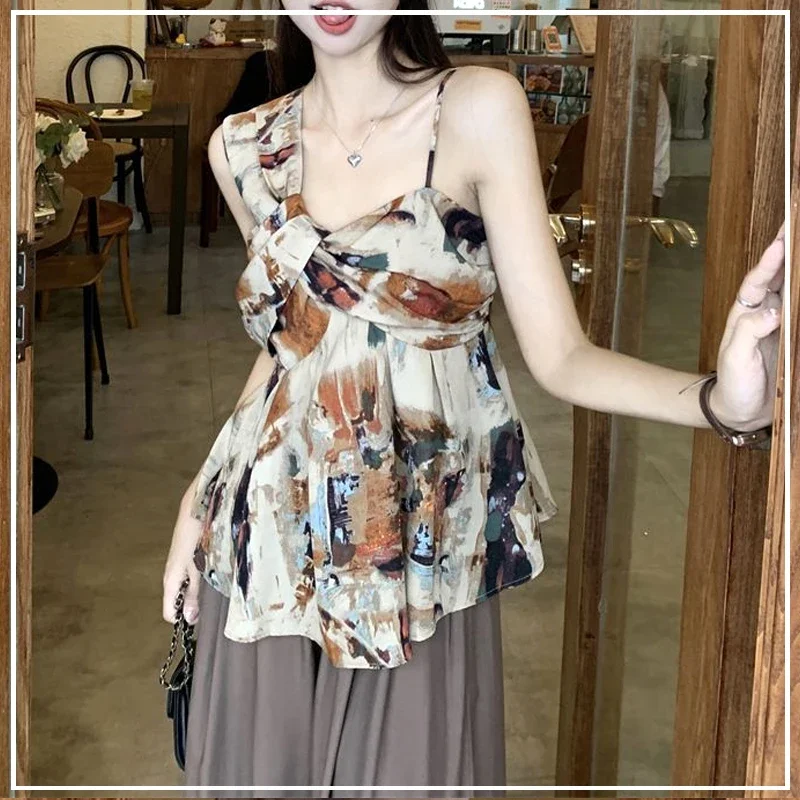 2024 Summer Fashion Spicy Girl Sweet Cool Style Loose Casual Versatile Retro Ink Painting Personality Irregular Camisole Vest