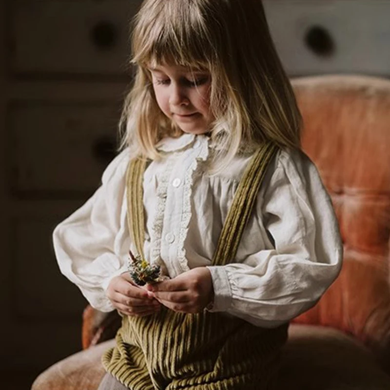 Mädchen Retro Spleißen Spitze Baumwolle Leinen Shirts Herbst Neue Revers Puppe Strickjacke Süße Und Niedliche Baby Mädchen Langarm bluse Tops – Detail 13