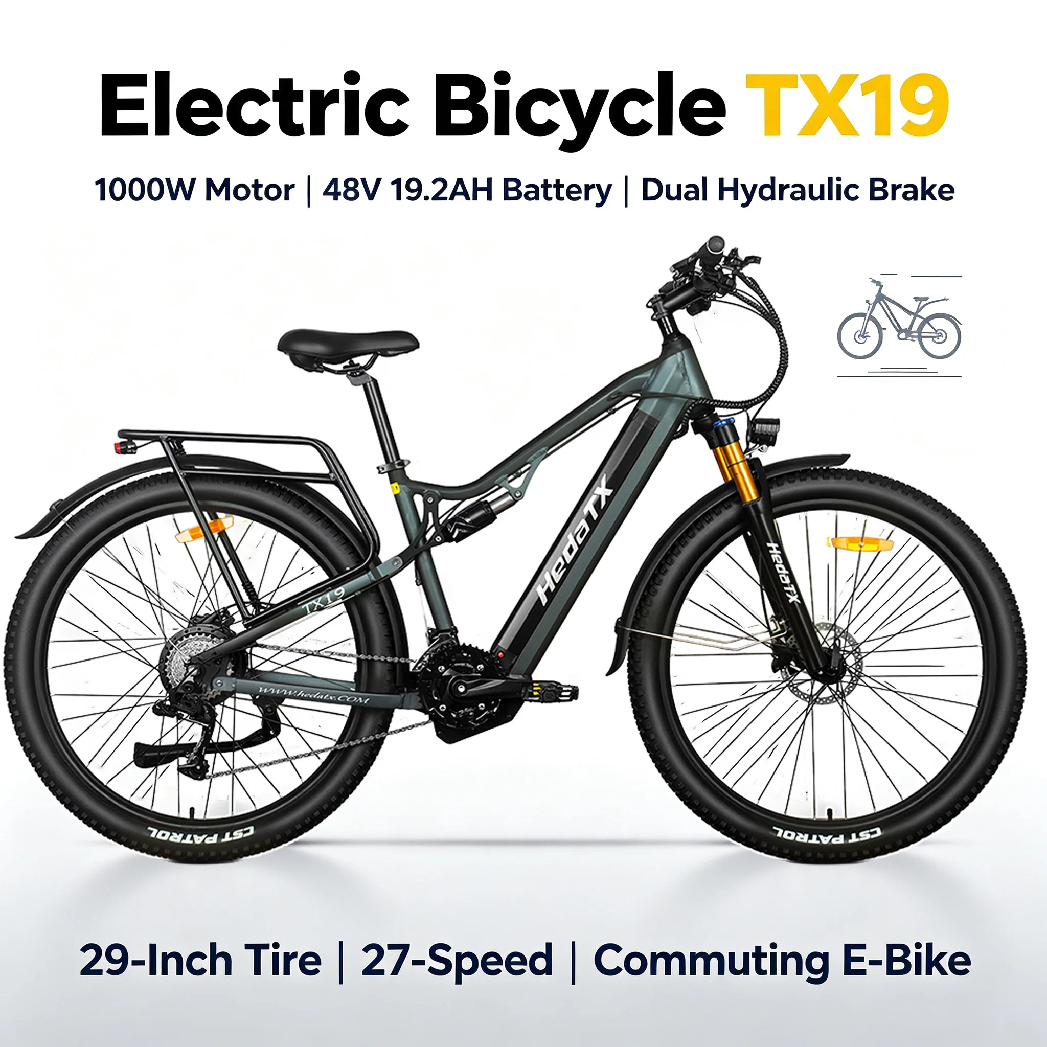 HedaTX TX19 Bici Elettrica da Montagna, Stock UE, 1000W di Potenza Massima, Batteria 48V 19.2Ah, Sospensione Completa, 29", 27 Velocità, Freno Idraulico, E-bike per Adulti, Ideale per Pendolari