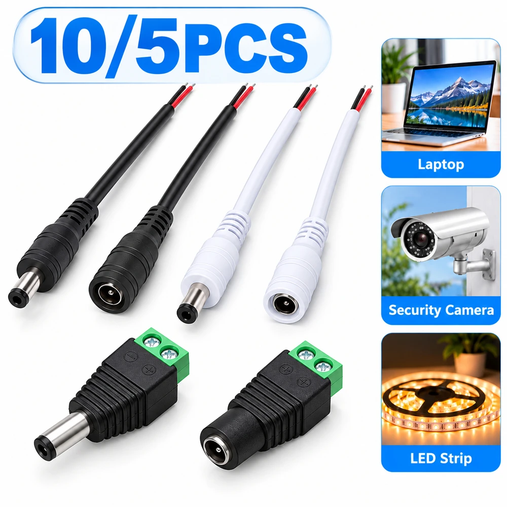DIY 10/5PCS Male and Female DC Power Plug Connecting Wire 5.5x2.1mm  5~38V Jack Adapter Connector for Router LED Strip Camera