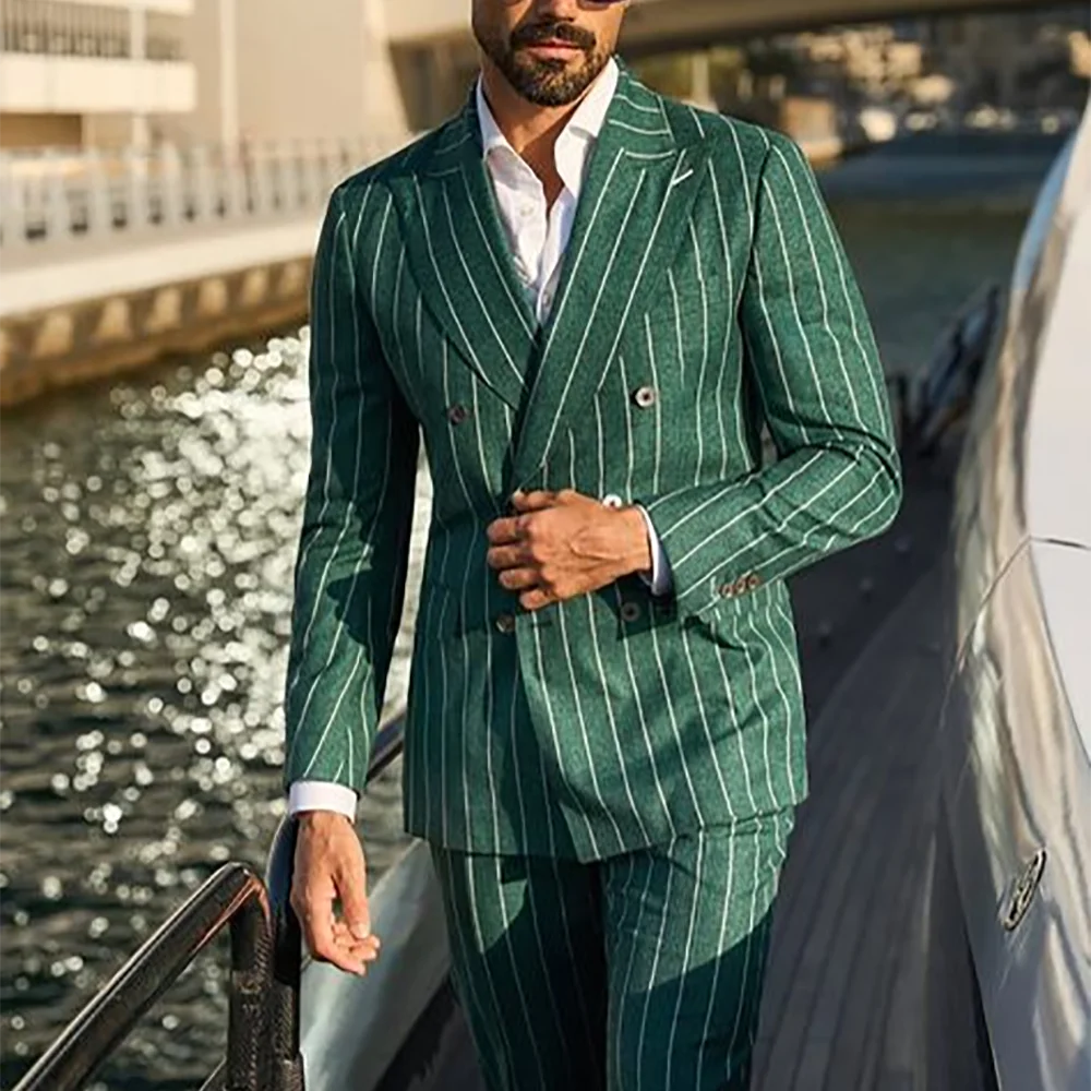 بدلة مخططة باللون الأخضر للرجال بلغت ذروتها وطية صدر عالية الجودة ملابس رجالية مزدوجة الصدر مجموعة رسمية غير رسمية ذكية من قطعتين #1