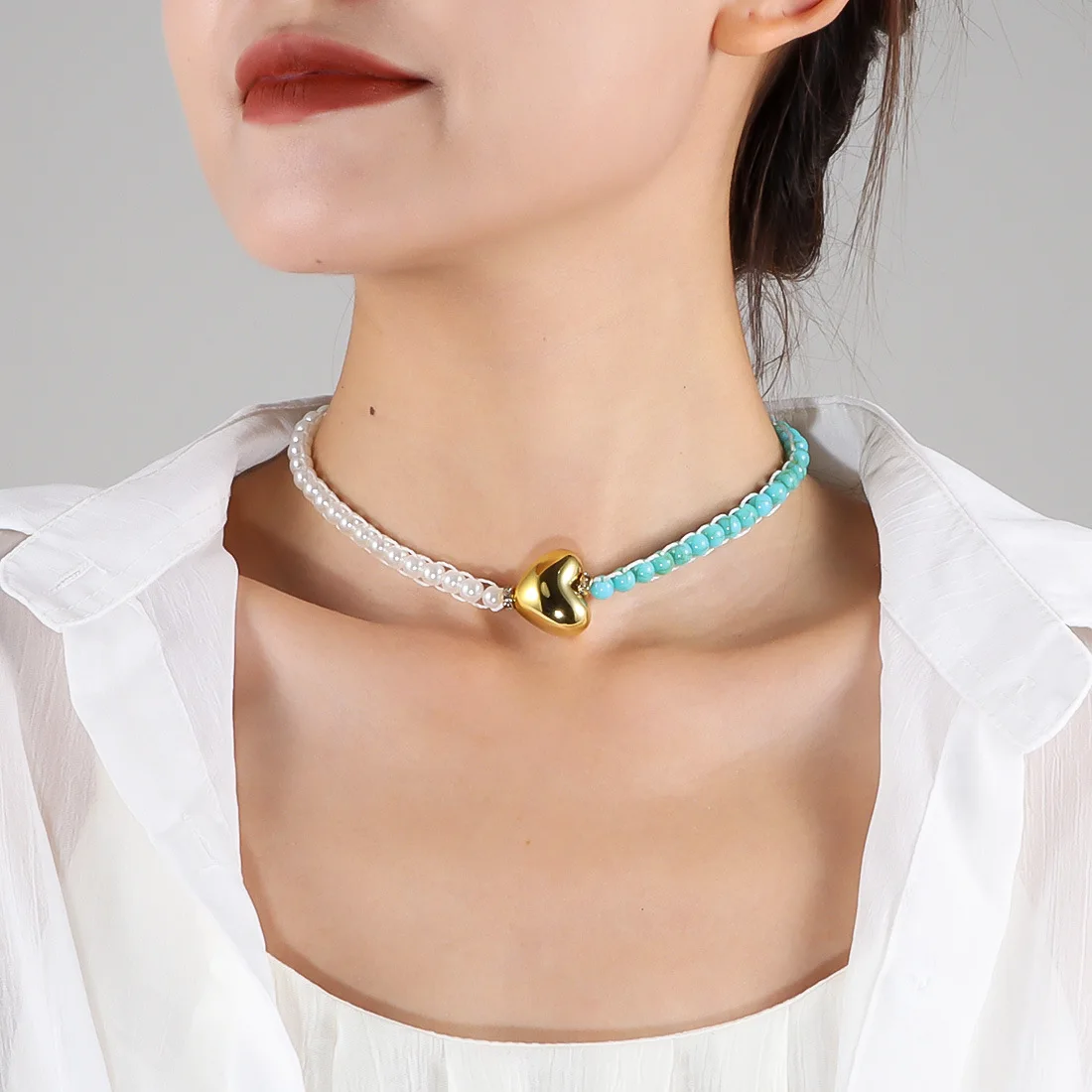 DIY accessories Cross-border jewelry, simple and versatile asymmetric imitation turquoise pearl beaded neck chain female NK24510