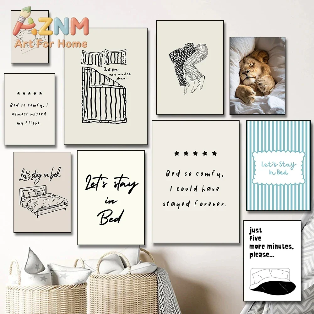 AZNM Let's Stay In Bed Quote Canvas Wall Art Line Drawing Bedroom Sketch Lion Art Print Unframed Canvas Poster for Bedroom Home