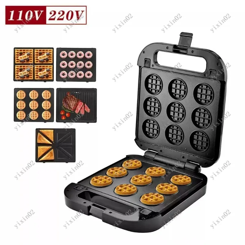 5-in-1 Electric Baker Home Waffle Donut Cookie Making Machine Removable Plates Multifunctional Kitchen Appliance