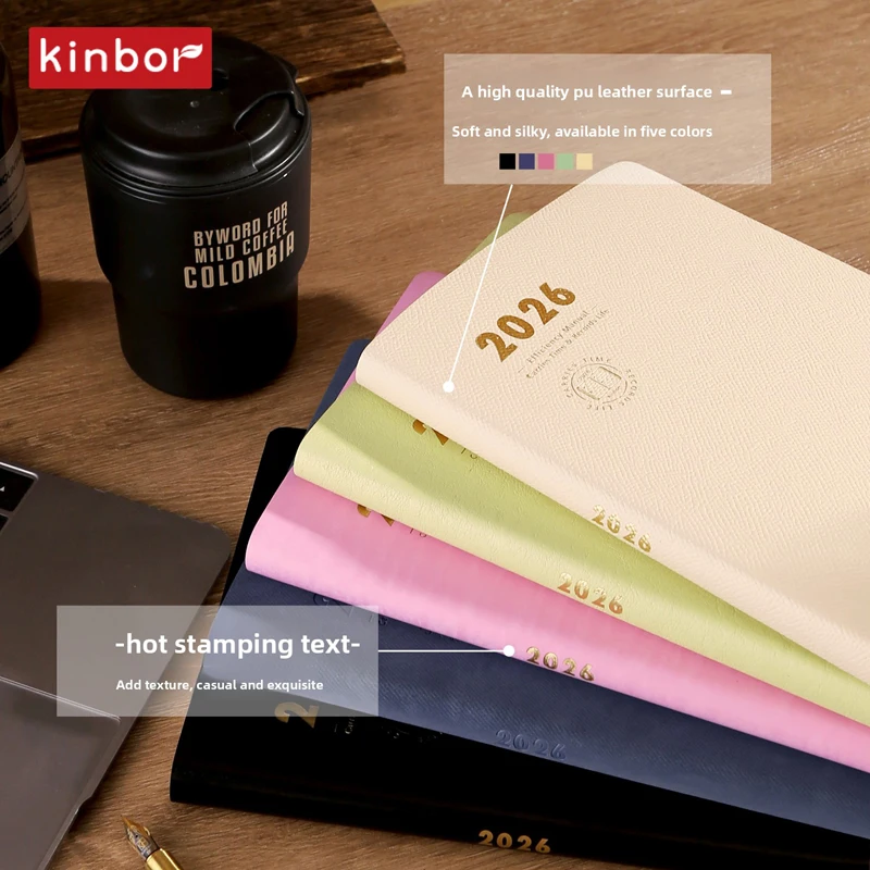 Kinbor 2026 سنة A5 كفاءة دفتر أسبوعي شهري سنوي مخطط لينة بولي أغطية أغطية جلد 78 جرام Kinbor ورقة الوقت التقويم