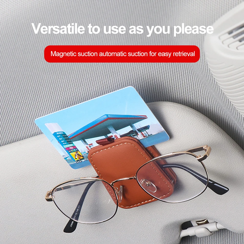 Car Sun Visor Glasses Case Magnetic Sunglasses Hanger Holder Leather Eyeglasses Clip Multifunction Universal Interior Accessorie