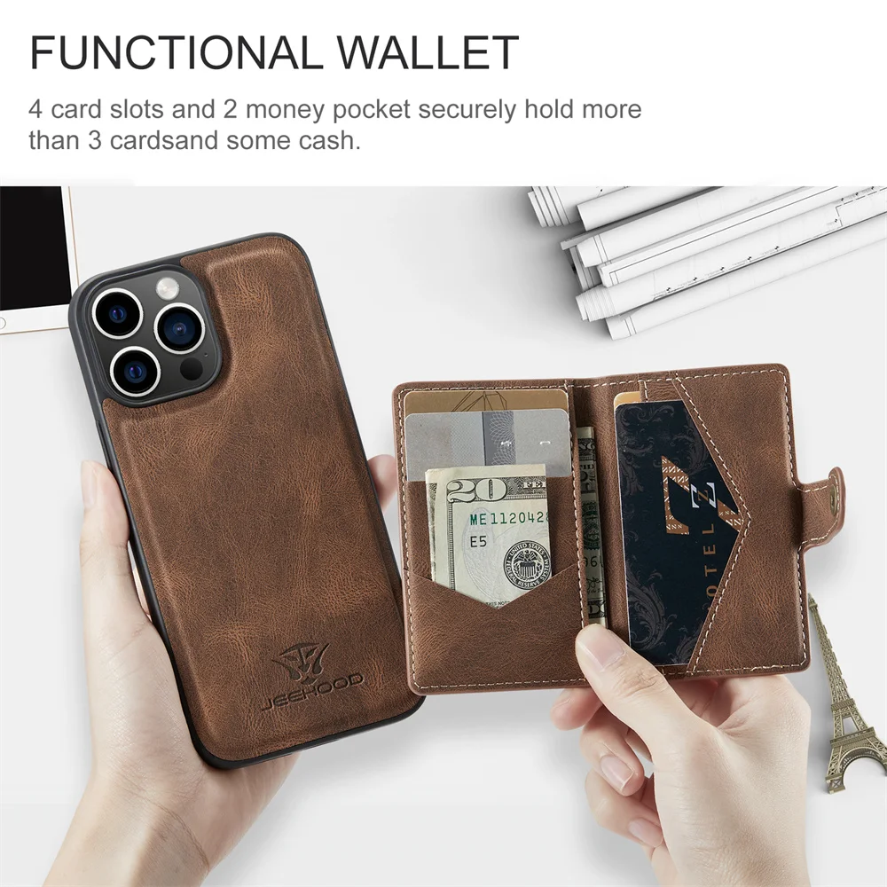 JEEHOOD Magnetic Detachable Card Bag  Slim Wallet Case for 15 Pro Max 6s 7G 8G XS XR XS Max 11 Pro 12 13 Mini 14 Plus Phone Bags