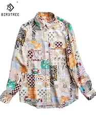 Birdtree 100%Real Silk Elegant Women Print Shirt Long Sleeve Patchwork Retro Commute Blouses Office Lady 2024 Spring T41120QM