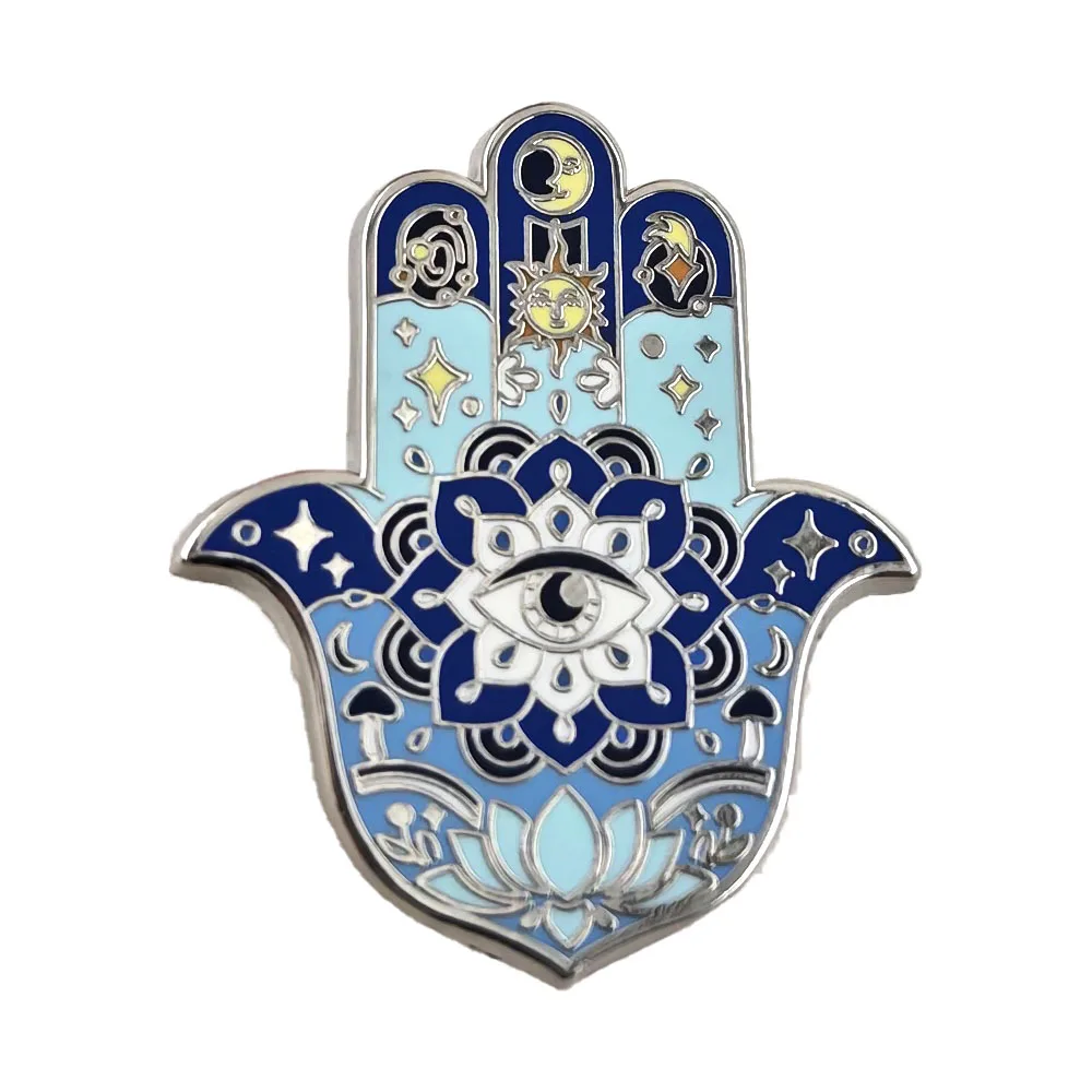 Hamsa Hand von Fatima Emaille-Pins für Frauen, Böses Auge Mandala Broschen, Mystische Mond-Sonne Anstecknadeln, Hexenschmuck Geschenk – Detail 1