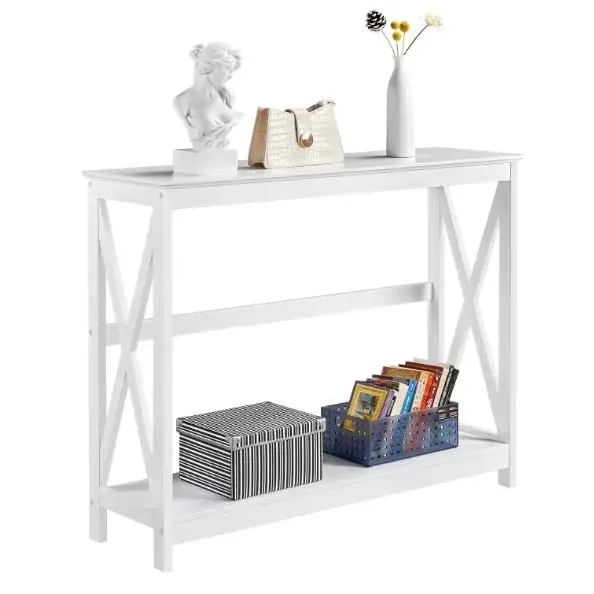 Wood Console Table for Entryway, 2-Tier Sofa Table Accent Table w/Storage Shelf for Living Room, Hall, Foyer, White 1