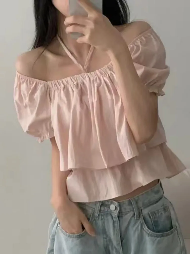 

Chic Bow-Tied Double-Layered ort-Sve Bubble-Sve Chiffon Top Korean Sle Square-Need Lace irt Sweet Gown