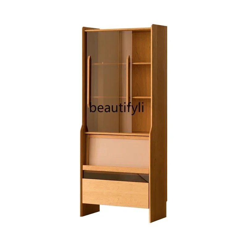 Nordic Simple Solid Wood Glass Door Multifunctional Bookshelf Floor Display Cabinet Storage Locker