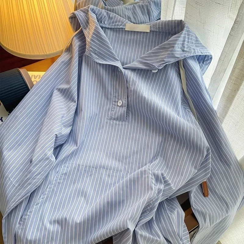 

Japanese Style Blue Stripe Hooded Shirts Women Man Spring Autumn Long Sleeves Loose Casual Hoodies Vintage All-matched Coat Tops