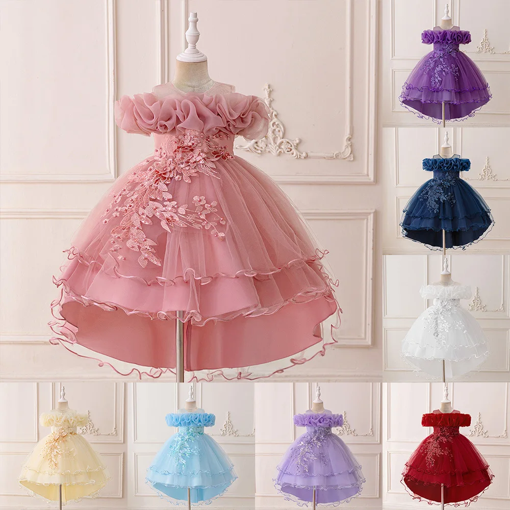 Cross-border new girls' dress mesh yarn trailing princessembroidered beaded children's glass yarn fluffy skirt