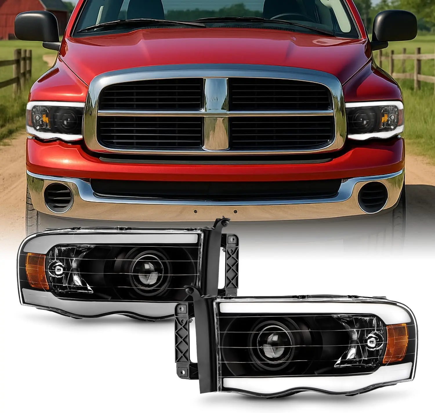 

Sulinso Fits 2002-2005 Dodge Ram 1500 2500 3500 Projector Black Headlights Pair w/LED Tube DRL