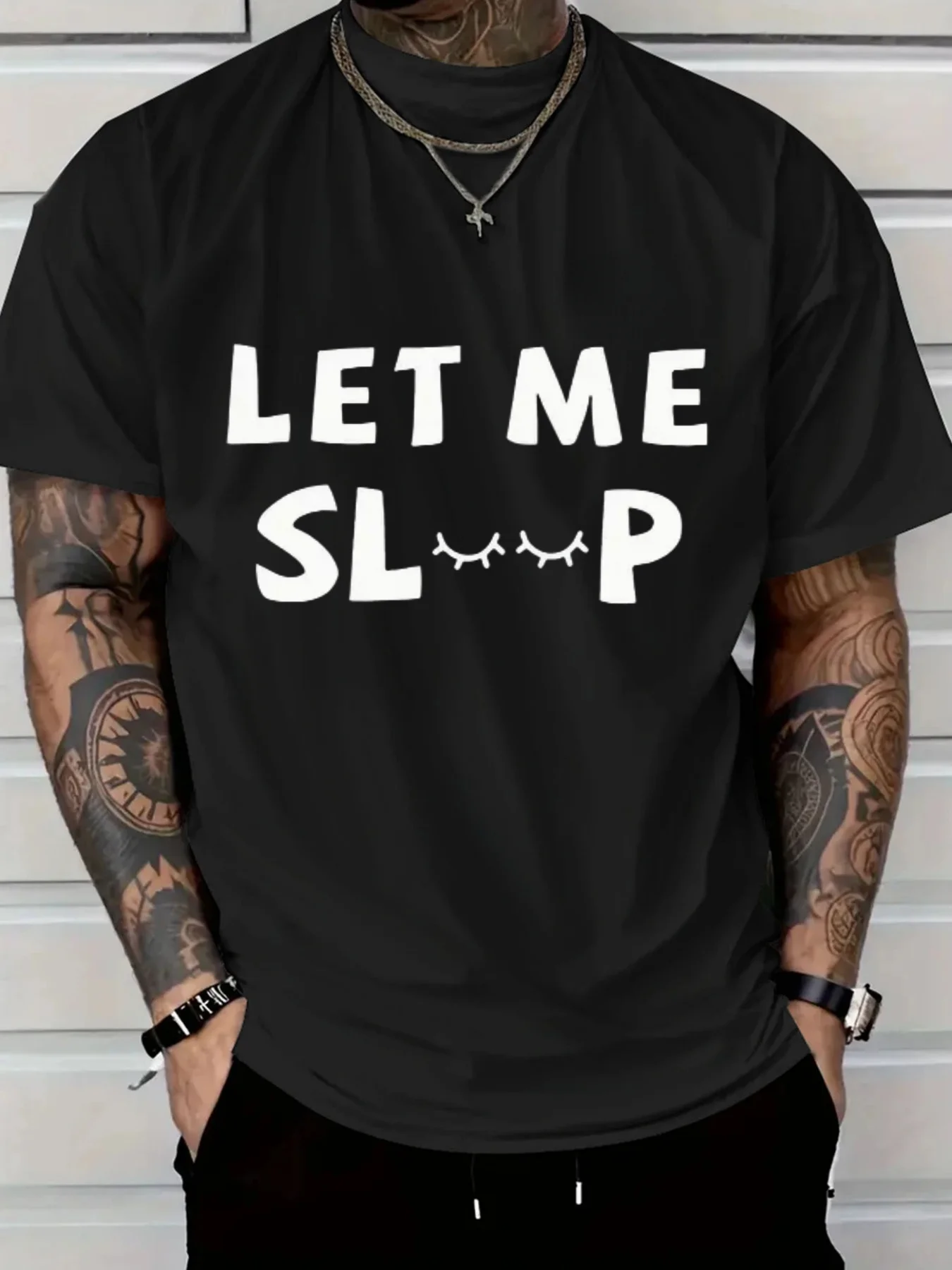 

Мужская повседневная хлопковая футболка 2025 года с жирным принтом LET ME SLP, мягкая ткань с рисунком глаз, футболка обычного кроя с короткими рукавами