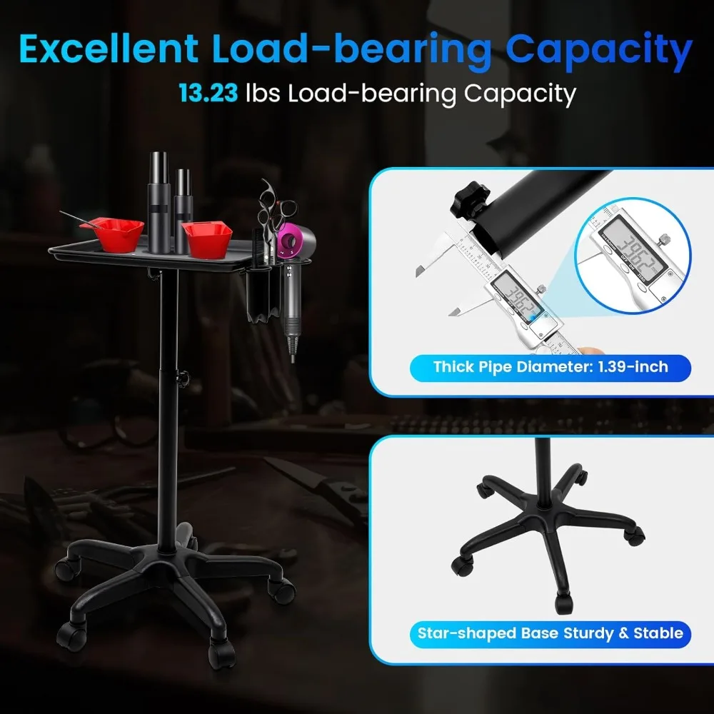 NEW Adjustable Height Salon Trolley on Wheels - Aluminum Medical Cart with 2 Cups and Metal Loop for Beauty, Spa, Tattoo, Dentistry (Black)