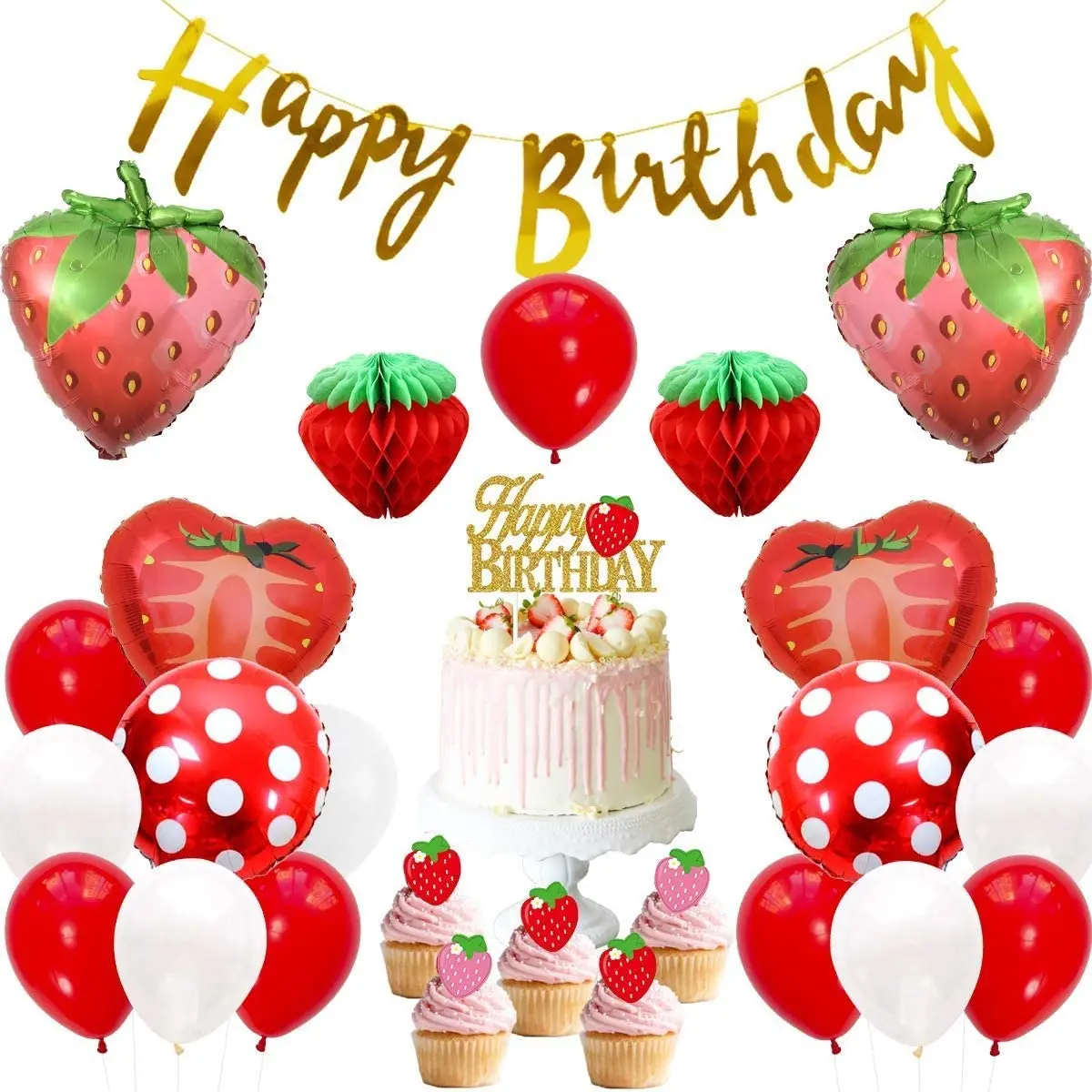 

Strawberry Theme Birthday Party Decorations Set for Girls, Paper Honeycomb Ball, Birthday Banner, Balloons, Cake Toppers