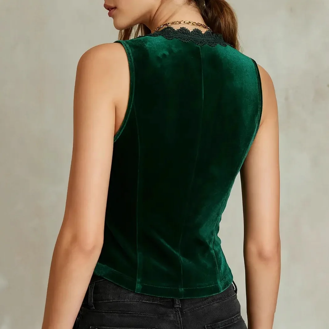 Sexy Lace Trim Slim Fit Velvet Vest Cross-Border Fishbone Design PU Leather Patchwork Strap Outerwear Short Length Women's Ja...
