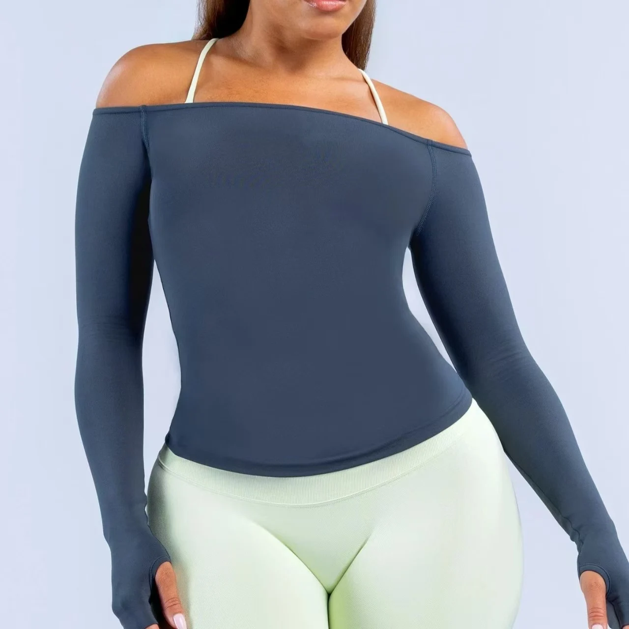 New fashion high-elastic V-neck off-shoulder yoga suit; casual seamless fitness long-sleeved yoga suit